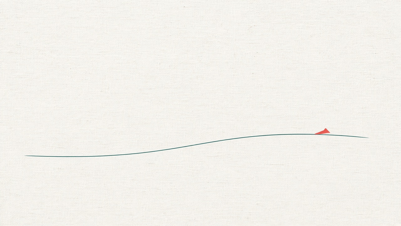 A thin teal horizon line with a small coral mark.