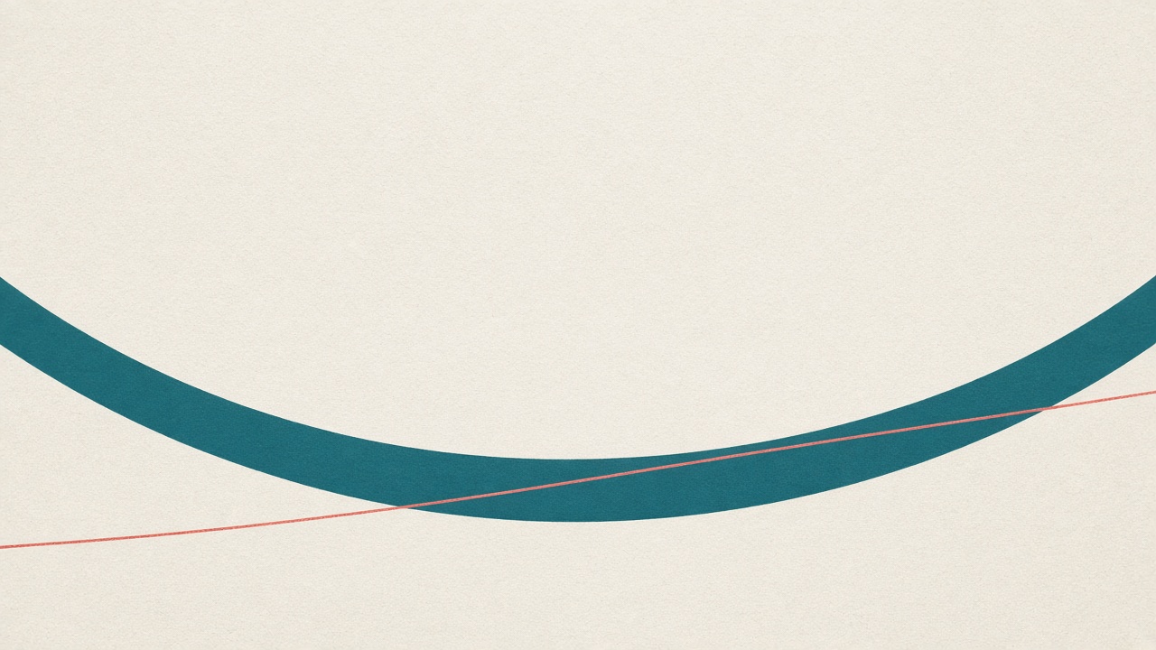 Linen field with a teal arc and a coral line.